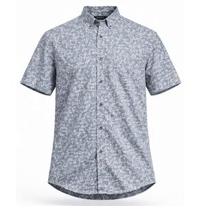 Micros Button Down Shirt Mens S Blue White Botanical Leaf Print Short Sleeve